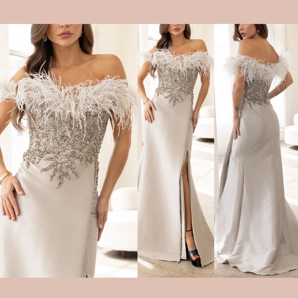 NWT Terani Couture [ 12 ] 241E2490 Off Shoulder Feather Beaded Column Gown J2425